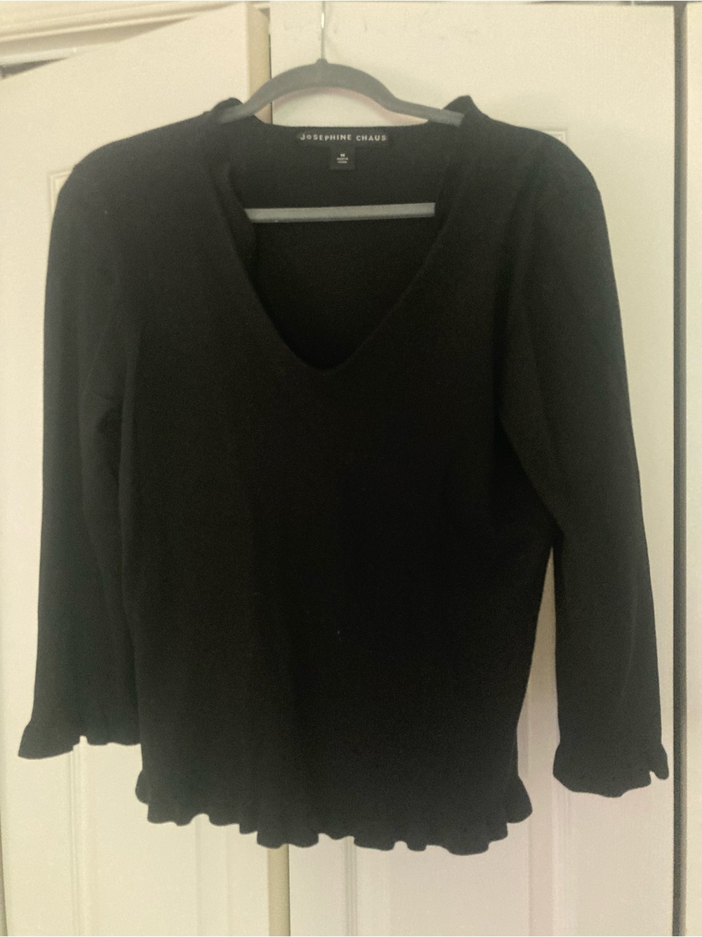 Josephine Chaus Black V-Neck Long Sleeve Ruffle-Hem Top